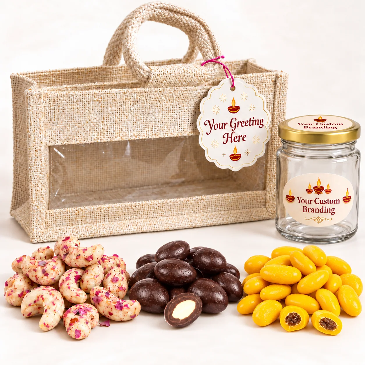 Classic Shagun presentation: Kaju, Badam, Kishmish, 200 ml glass jars, a windowed jute bag and personalised print