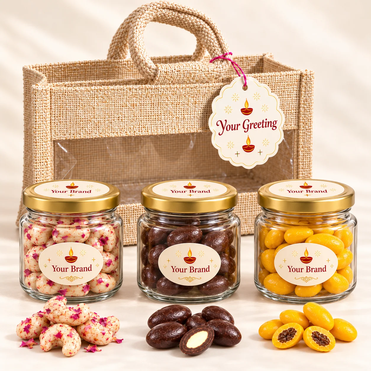 Classic Utsav presentation: Kaju, Badam, Kishmish, 350 ml glass jars, a windowed jute bag and personalised print