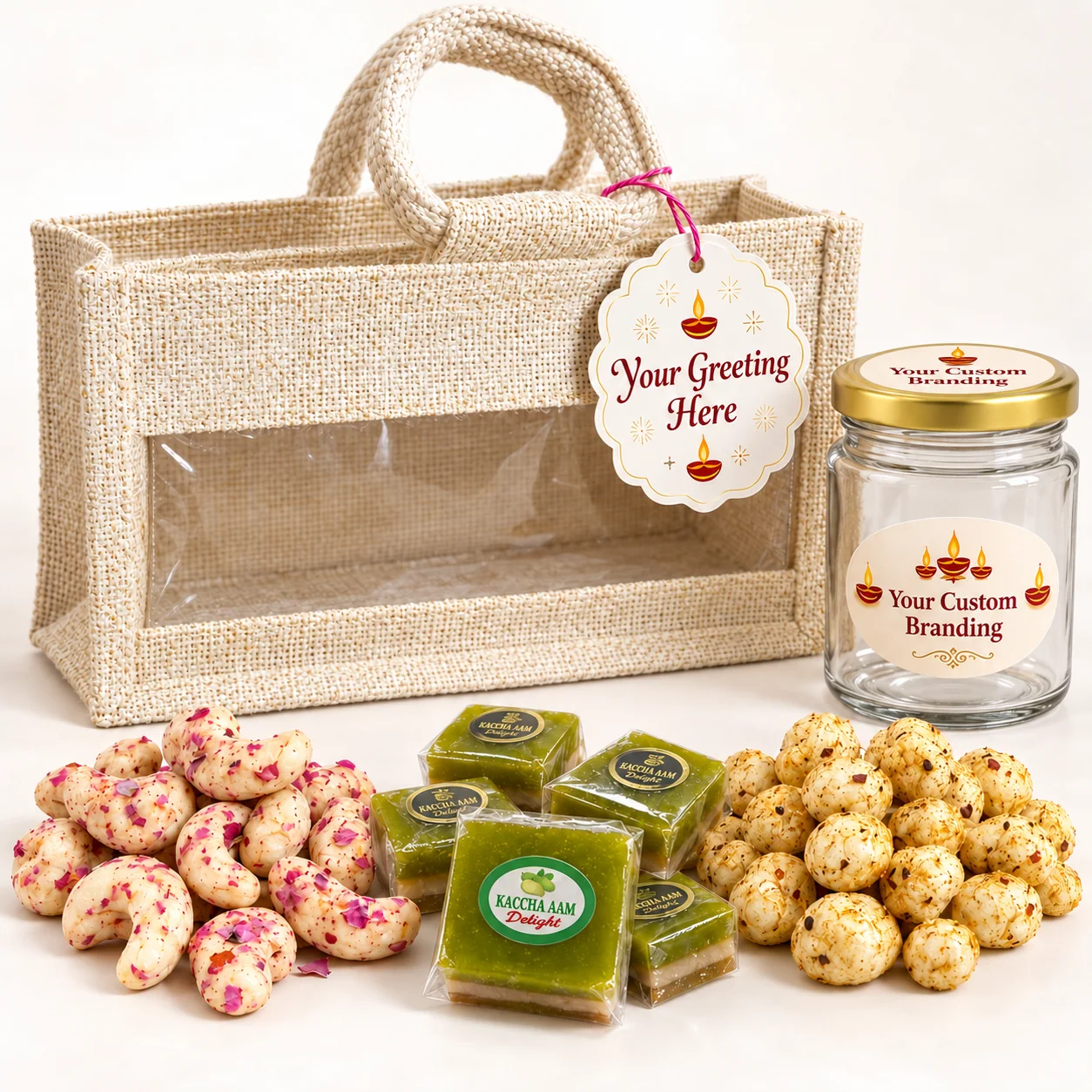 Festive Shagun presentation: Kaju, Makhana, Aam Delight, 200 ml glass jars, a windowed jute bag and personalised print